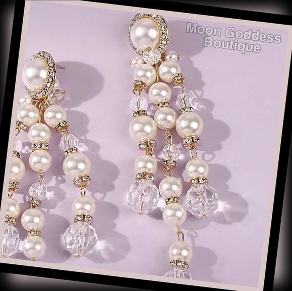 Victorian ✦ Faux Pearl Beaded Drop Earrings ✦ White Crystal Rondels ✦ Long NWT - Picture 3 of 8